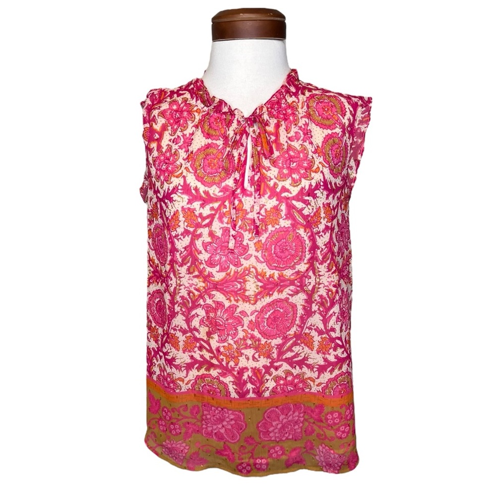 Joie Pink and Orange Floral Print Chiffon Ruffle Sleeveless Blouse Size L